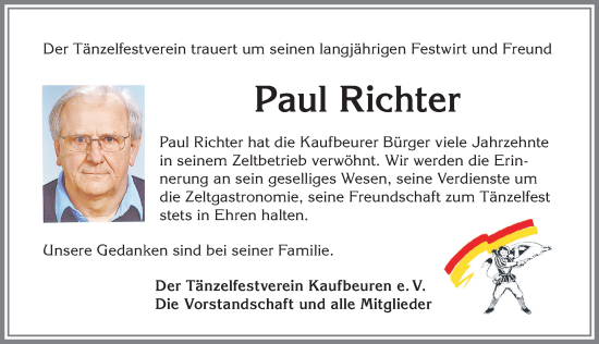 Traueranzeige von Paul Richter von Allgäuer Zeitung, Kaufbeuren/Buchloe