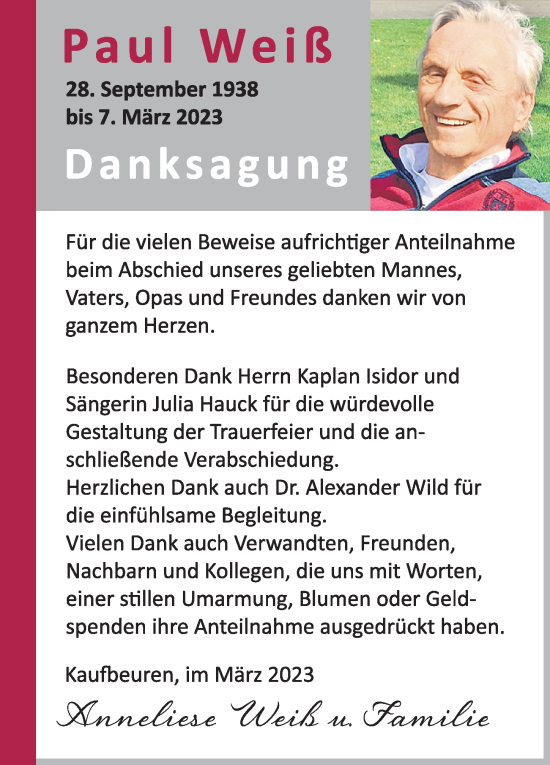 Traueranzeige von Paul Weiß von Allgäuer Zeitung, Kaufbeuren/Buchloe