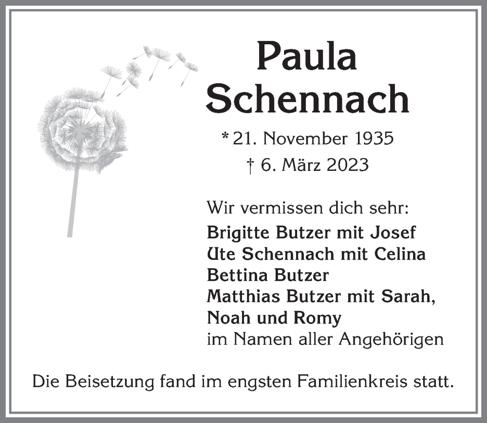  Traueranzeige für Paula Schennach vom 18.03.2023 aus Allgäuer Zeitung,Kempten