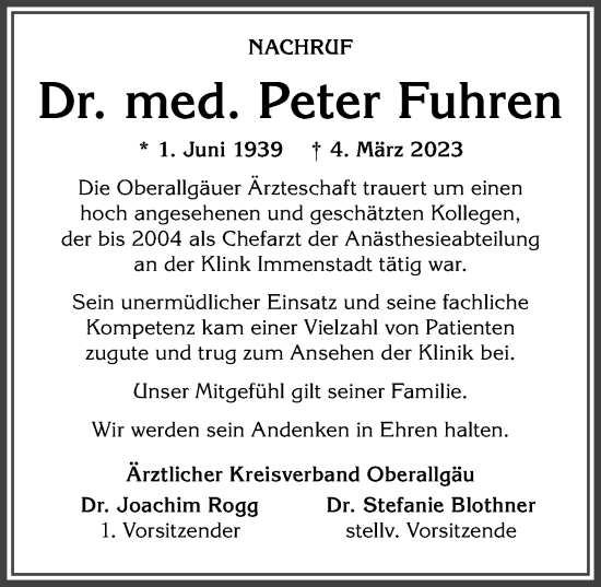 Traueranzeige von Peter Fuhren von Allgäuer Anzeigeblatt