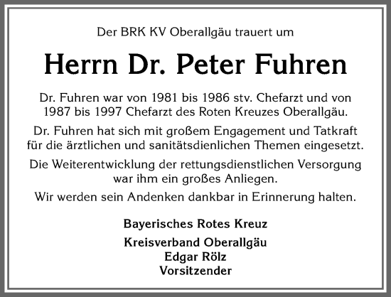Traueranzeige von Peter Fuhren von Allgäuer Anzeigeblatt