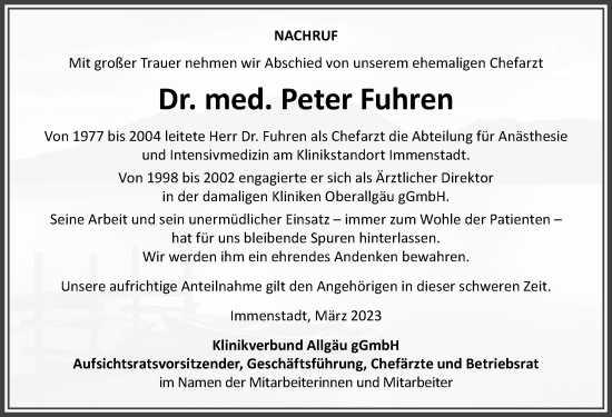 Traueranzeige von Peter Fuhren von Allgäuer Zeitung,Kempten