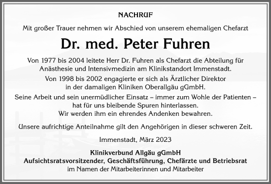 Traueranzeige von Peter Fuhren von Allgäuer Anzeigeblatt