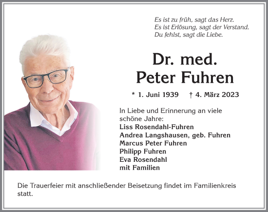 Traueranzeige von Peter Fuhren von Allgäuer Anzeigeblatt