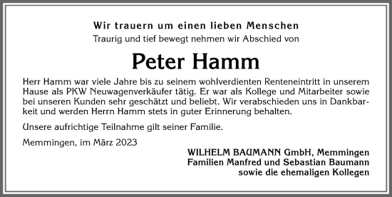Traueranzeige von Peter Hamm von Memminger Zeitung