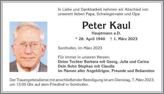 Traueranzeige von Peter Kaul von Allgäuer Anzeigeblatt