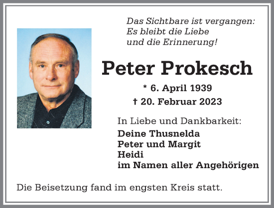 Traueranzeige von Peter Prokesch von Allgäuer Zeitung,Kempten