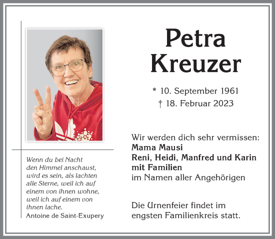 Traueranzeige von Petra Kreuzer von Allgäuer Zeitung,Kempten