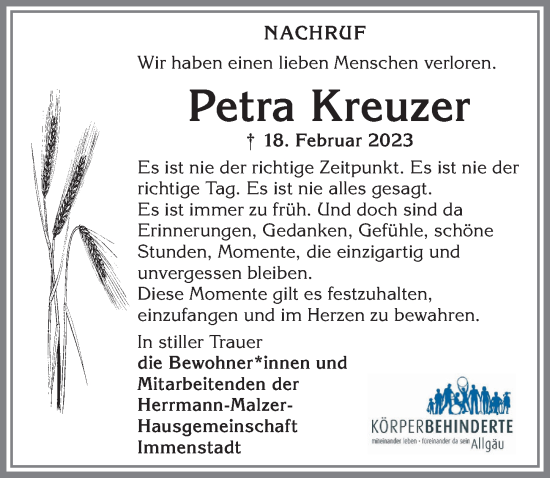 Traueranzeige von Petra Kreuzer von Allgäuer Zeitung,Kempten