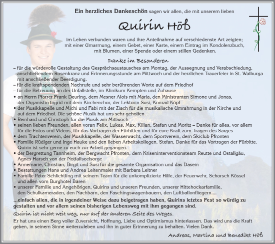 Traueranzeige von Quirin Höß von Allgäuer Zeitung, Füssen