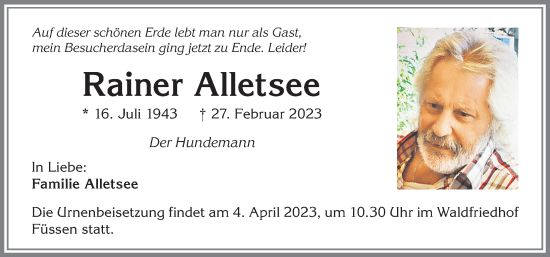 Traueranzeige von Rainer Alletsee von Allgäuer Zeitung, Füssen