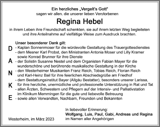 Traueranzeige von Regina Hebel von Memminger Zeitung
