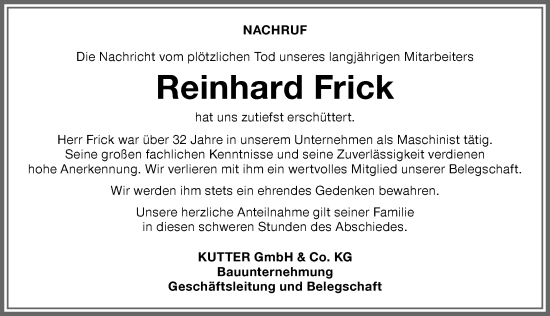 Traueranzeige von Reinhard Frick von Memminger Zeitung