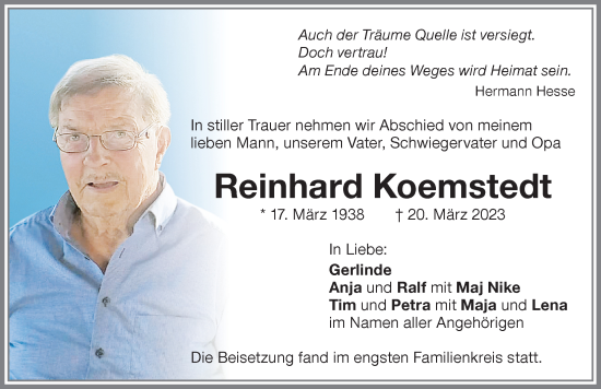 Traueranzeige von Reinhard Koemstedt von Memminger Zeitung