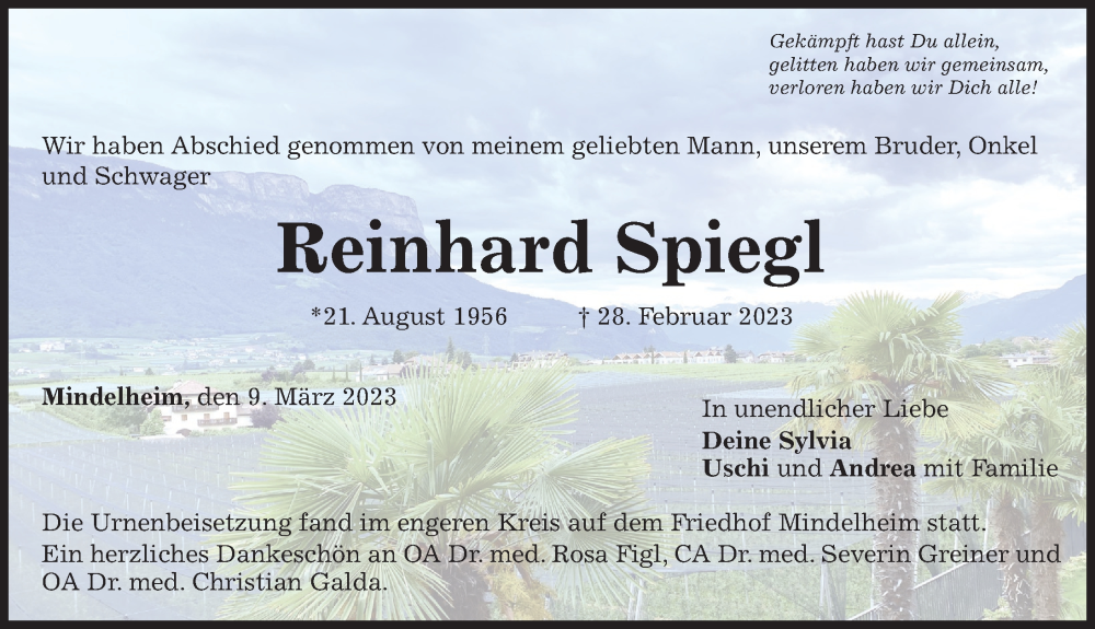  Traueranzeige für Reinhard Spiegl vom 09.03.2023 aus Augsburger Allgemeine, Mindelheimer Zeitung