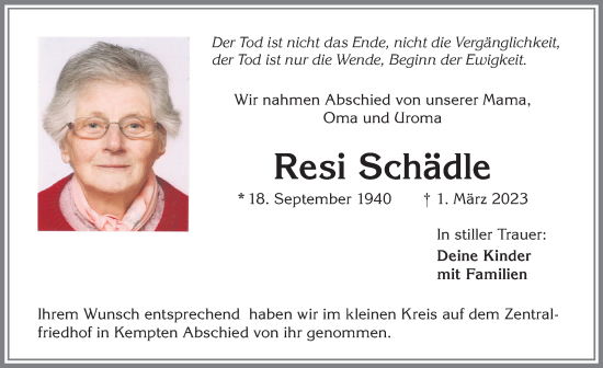 Traueranzeige von Resi Schädle von Allgäuer Zeitung,Kempten