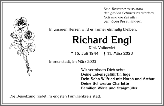 Traueranzeige von Richard Engl von Allgäuer Anzeigeblatt