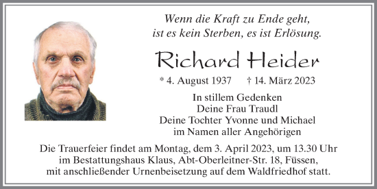 Traueranzeige von Richard Heider von Allgäuer Zeitung, Füssen
