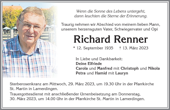 Traueranzeige von Richard Renner von Allgäuer Zeitung, Kaufbeuren/Buchloe