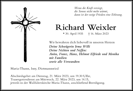 Traueranzeige von Richard Weixler von Allgäuer Zeitung,Kempten