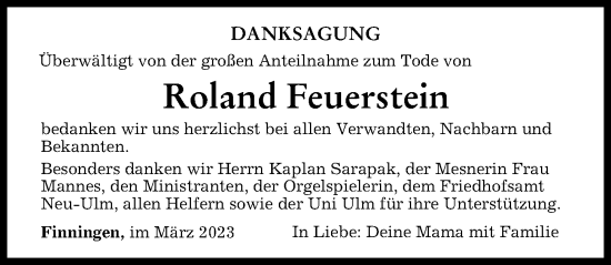 Traueranzeige von Roland Feuerstein von Augsburger Allgemeine, Illertisser Zeitung, Neu-Ulmer Zeitung
