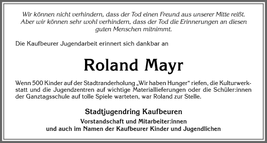 Traueranzeige von Roland Mayr von Allgäuer Zeitung, Kaufbeuren/Buchloe