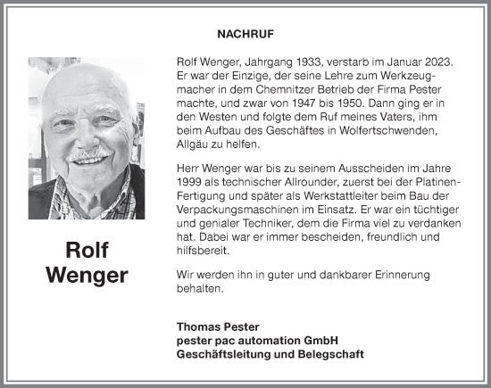 Traueranzeige von Rolf Wenger von Memminger Zeitung