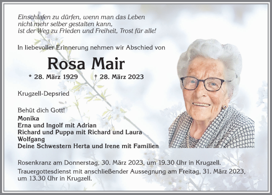 Traueranzeige von Rosa Mair von Allgäuer Zeitung,Kempten