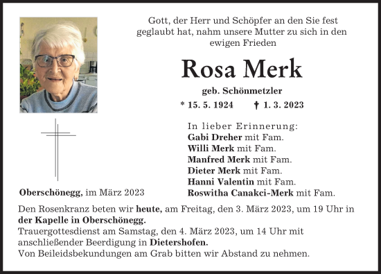Traueranzeige von Rosa Merk von Augsburger Allgemeine, Illertisser Zeitung