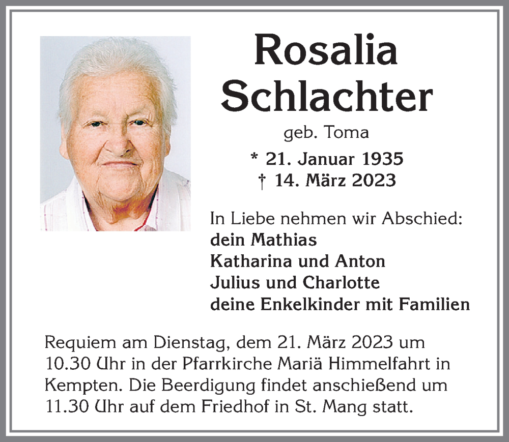  Traueranzeige für Rosalia Schlachter vom 18.03.2023 aus Allgäuer Zeitung,Kempten