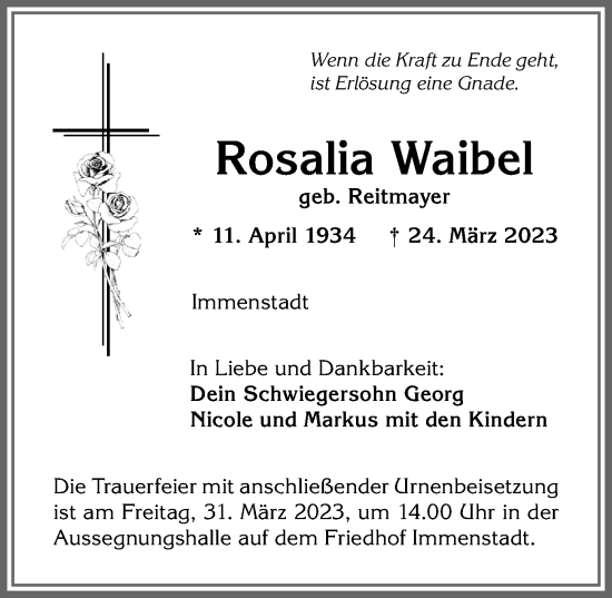 Traueranzeige von Rosalia Waibel von Allgäuer Anzeigeblatt
