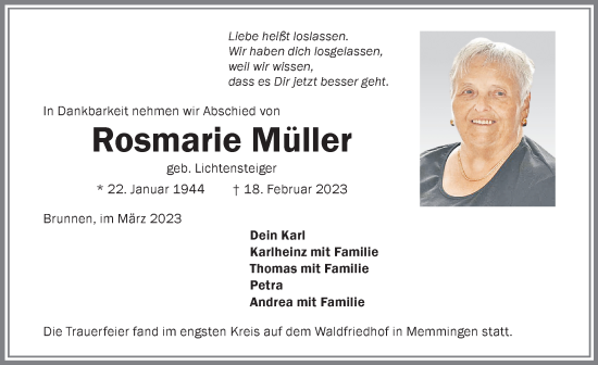 Traueranzeige von Rosmarie Müller von Memminger Zeitung