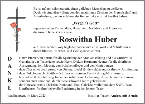 Traueranzeige von Roswitha Huber von Allgäuer Zeitung, Kaufbeuren/Buchloe