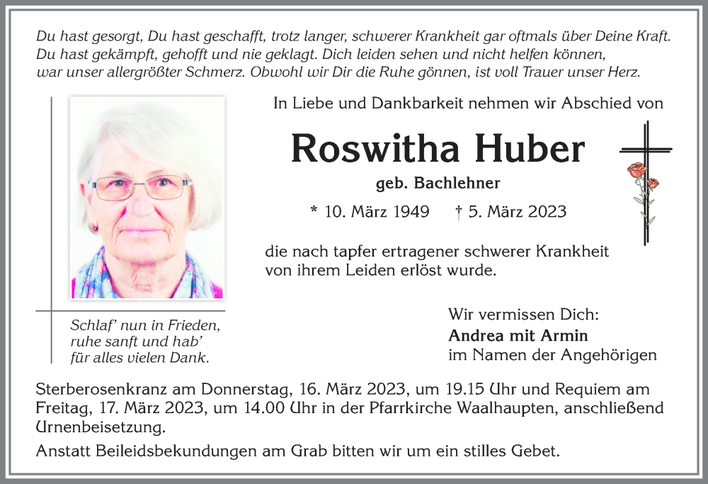  Traueranzeige für Roswitha Huber vom 11.03.2023 aus Allgäuer Zeitung, Kaufbeuren/Buchloe