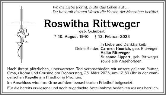 Traueranzeige von Roswitha Rittweger von Allgäuer Zeitung, Füssen