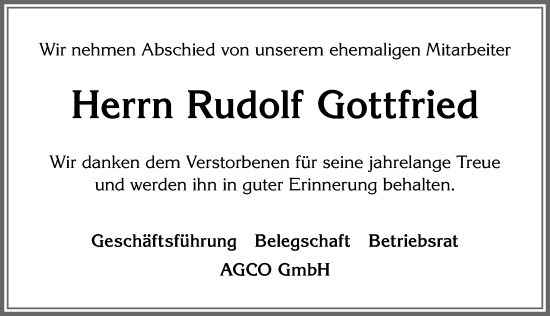 Traueranzeige von Rudolf Gottfried von Allgäuer Zeitung, Marktoberdorf