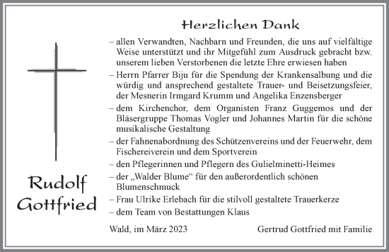 Traueranzeige von Rudolf Gottfried von Allgäuer Zeitung, Marktoberdorf