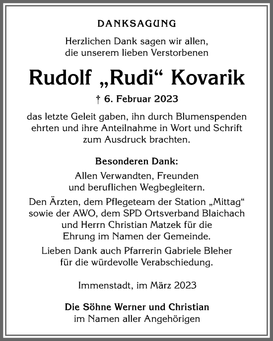 Traueranzeige von Rudolf Kovarik von Allgäuer Anzeigeblatt