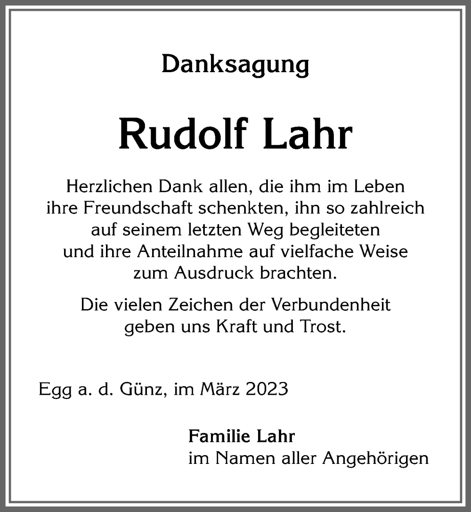  Traueranzeige für Rudolf Lahr vom 31.03.2023 aus Memminger Zeitung