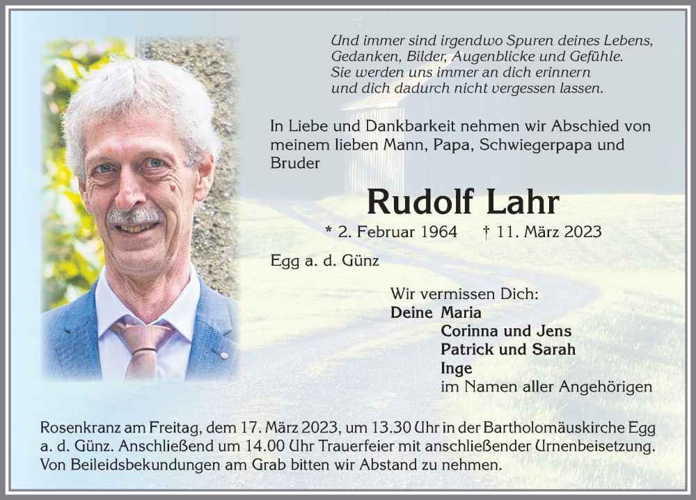  Traueranzeige für Rudolf Lahr vom 16.03.2023 aus Memminger Zeitung