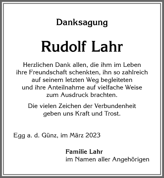 Traueranzeige von Rudolf Lahr von Memminger Zeitung