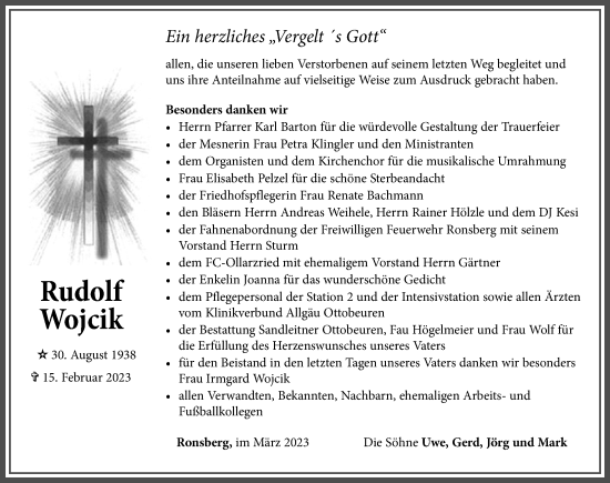 Traueranzeige von Rudolf Wojcik von Allgäuer Zeitung, Marktoberdorf