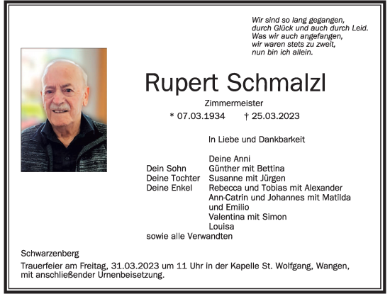 Traueranzeige von Rupert Schmalzl von Der Westallgäuer