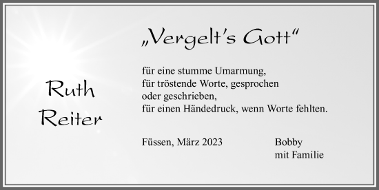 Traueranzeige von Ruth Reiter von Allgäuer Zeitung, Füssen