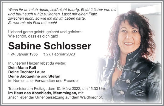 Traueranzeige von Sabine Schlosser von Memminger Zeitung