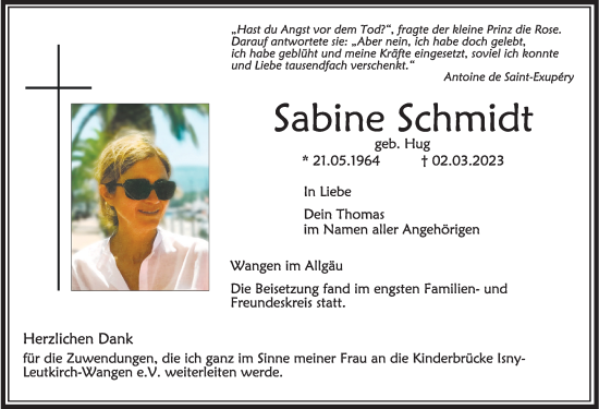 Traueranzeige von Sabine Schmidt von Memminger Zeitung