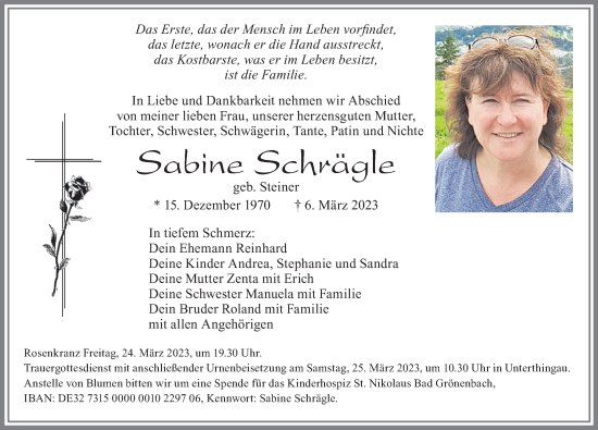 Traueranzeige von Sabine Schrägle von Allgäuer Zeitung, Marktoberdorf