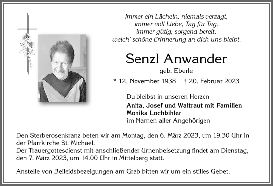 Traueranzeige von Senzl Anwander von Allgäuer Zeitung,Kempten