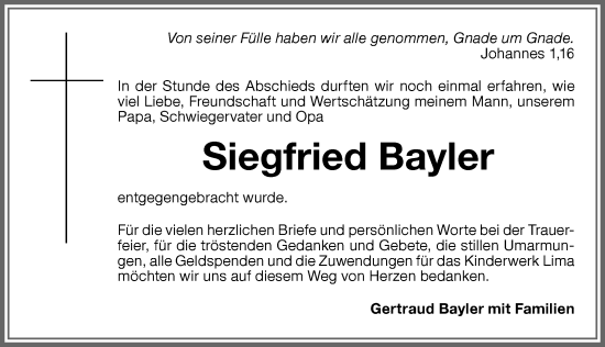 Traueranzeige von Siegfried Bayler von Memminger Zeitung