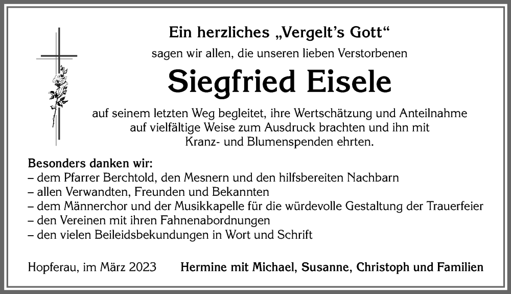  Traueranzeige für Siegfried Eisele vom 11.03.2023 aus Allgäuer Zeitung, Füssen